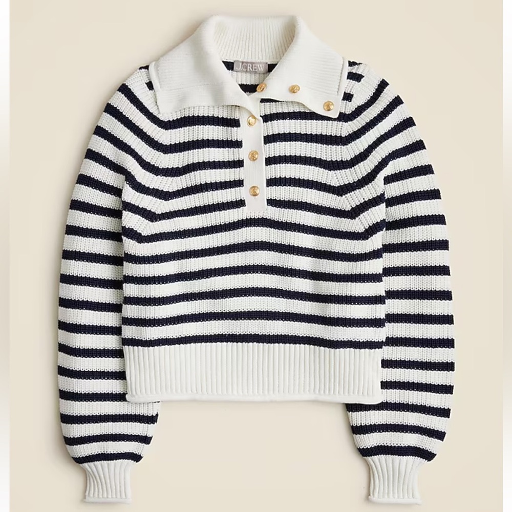 NWT J. Crew Ribbed Cotton Button Collar Sweater in Stripe, Navy and White, 2X